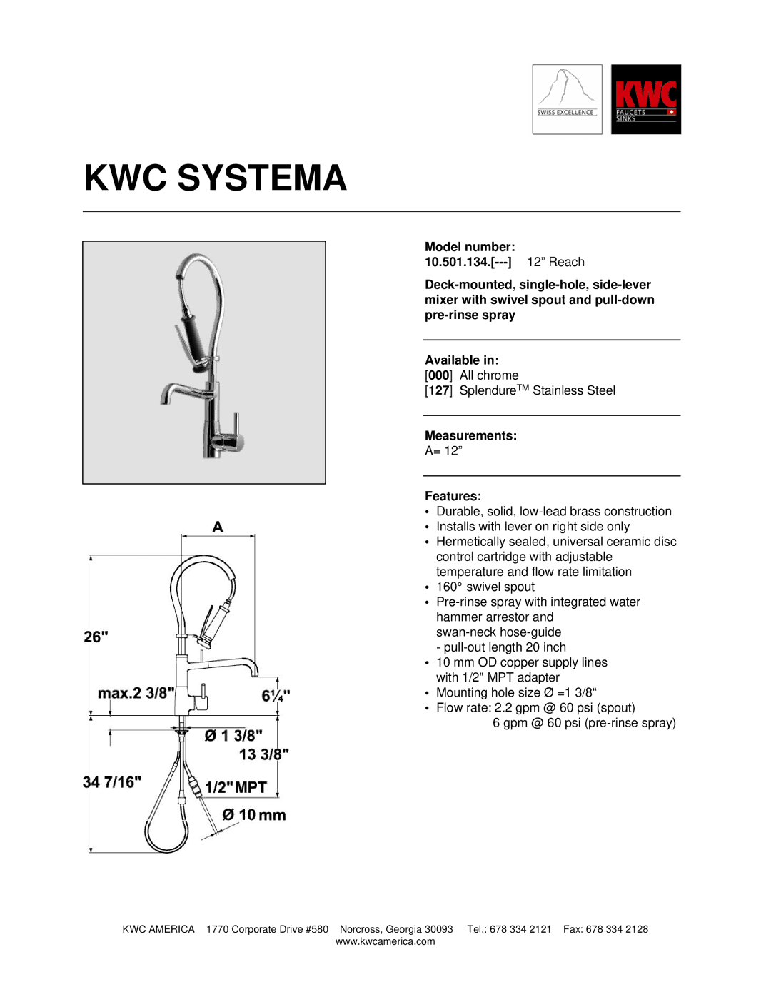 KWC 10.501.134 manual KWC Systema, Measurements Features 