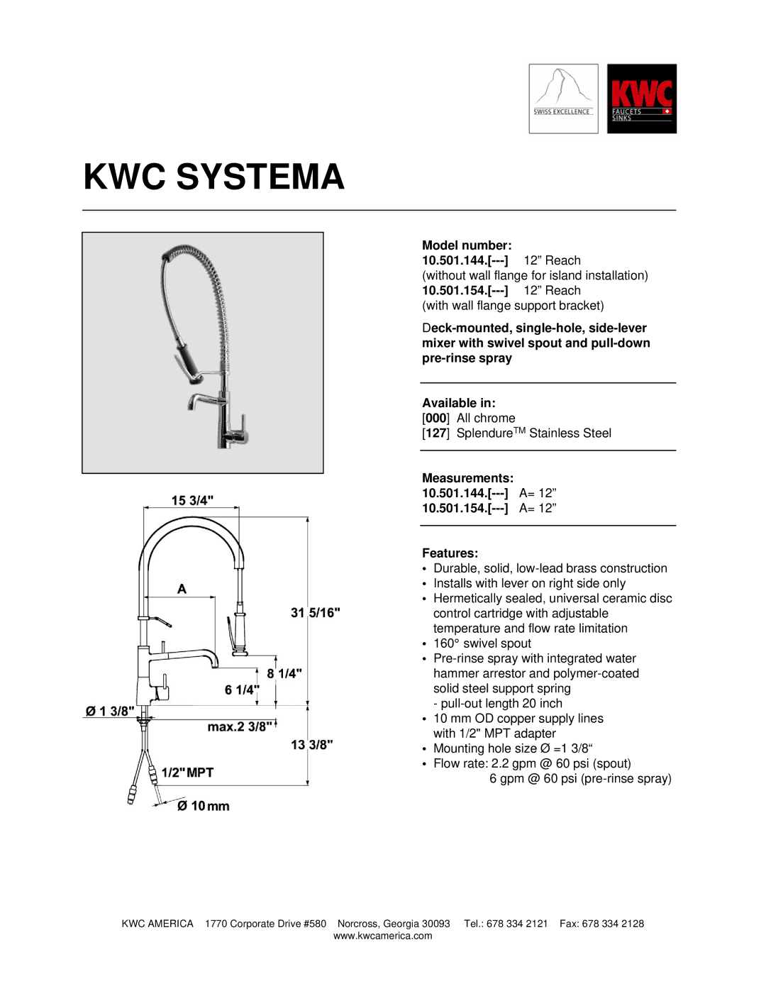 KWC manual KWC Systema, Model number 10.501.144.--- 12 Reach 