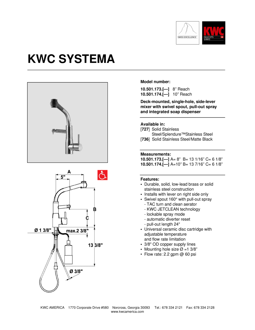 KWC 10.501.173, 10.501.174 manual KWC Systema, Measurements, Features 