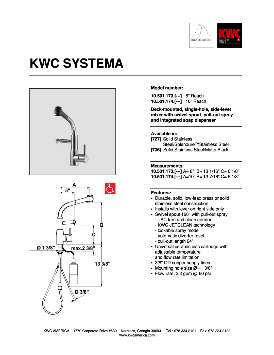 KWC manual Kwc Systema, Model number 10.501.173.--- 8” Reach, 10” Reach, Available in, Measurements, Features 