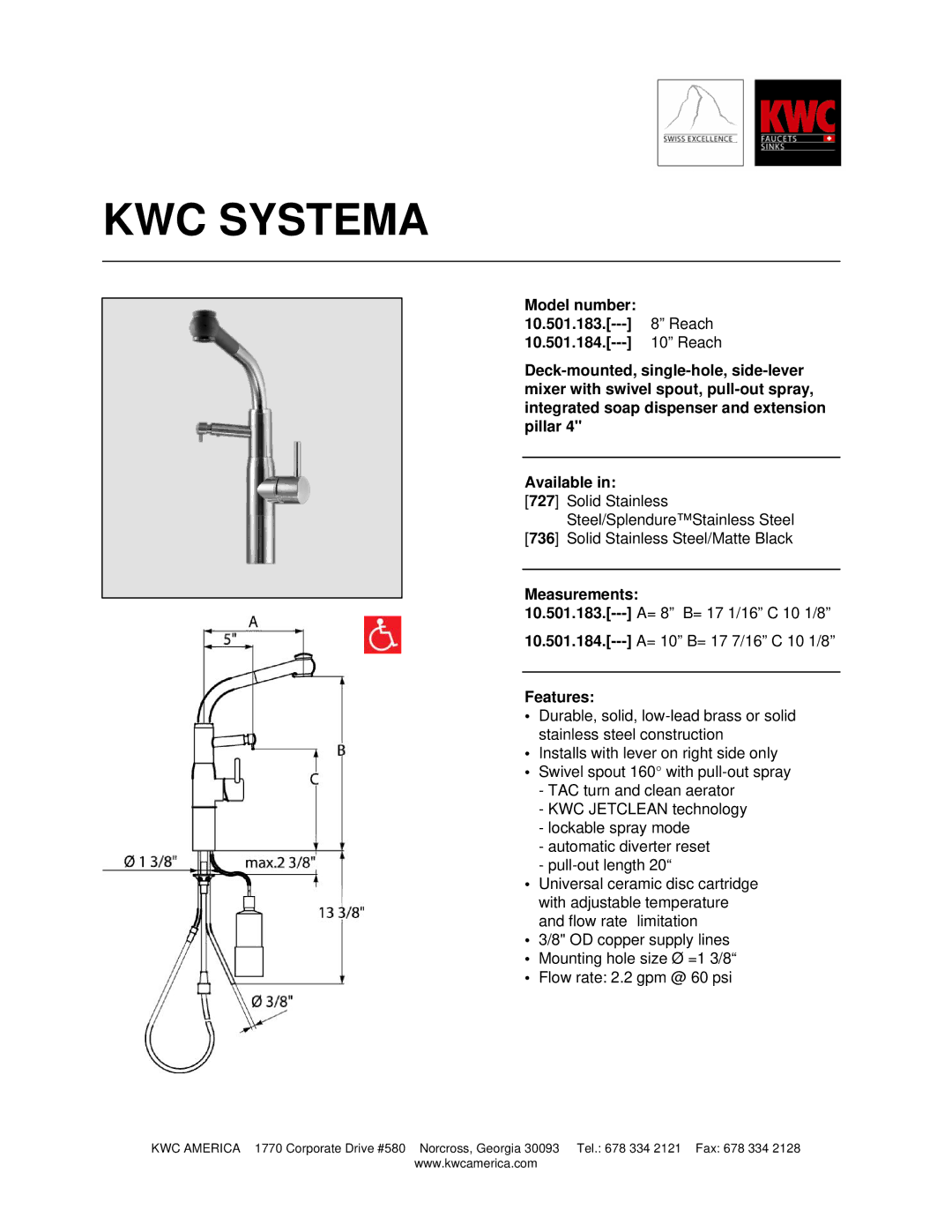 KWC 10.501.184 manual KWC Systema, Measurements, Features 