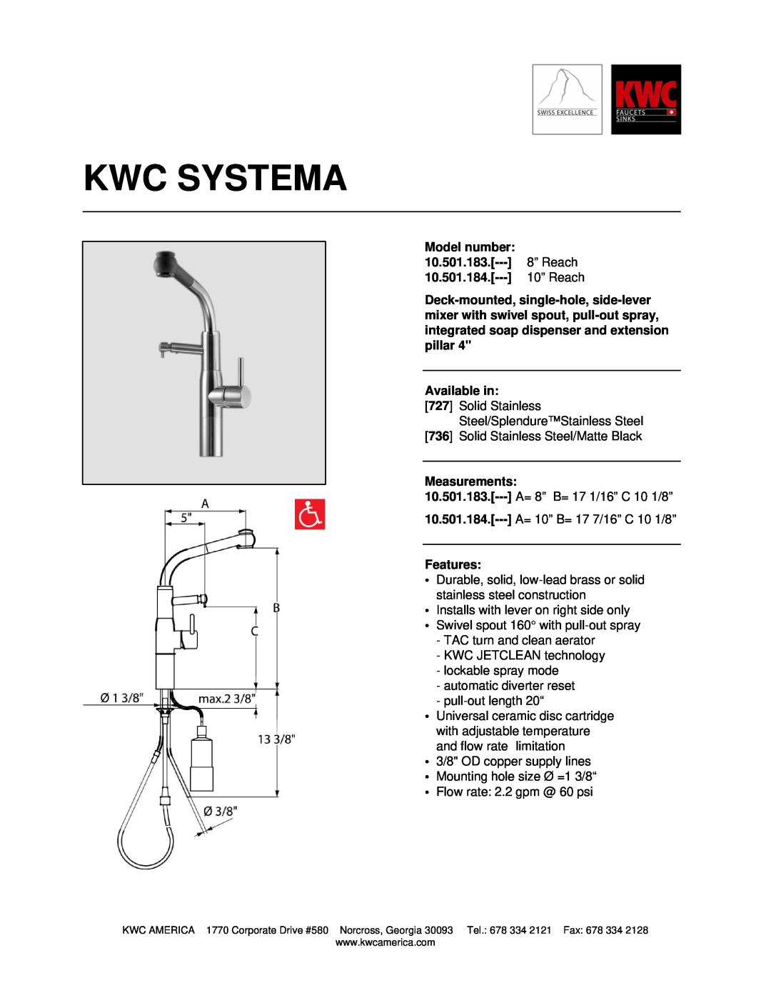KWC 10.501.184 manual Kwc Systema, Model number, 10.501.183, 8” Reach, 10” Reach, Available in, Measurements, Features 