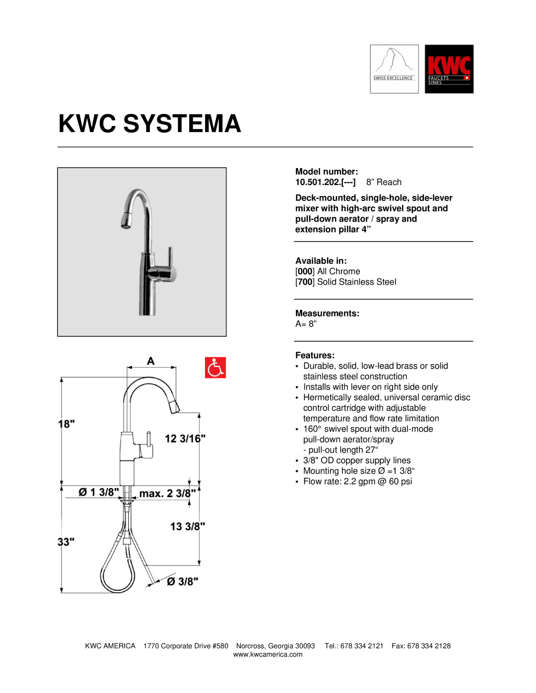 KWC 10.501.202 manual KWC Systema, Measurements Features 