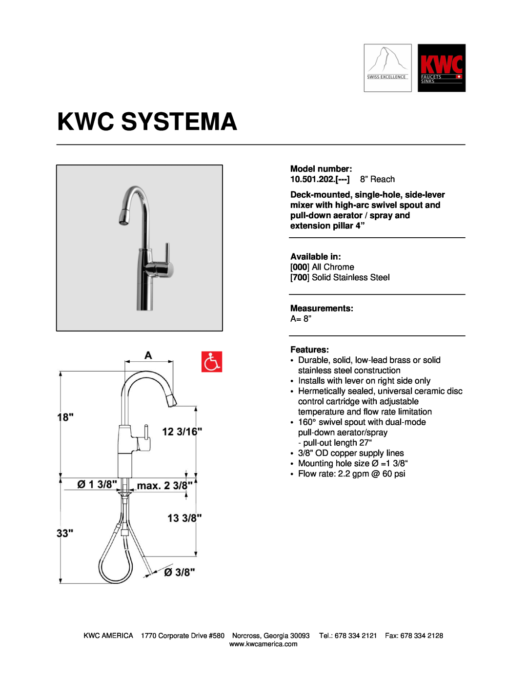 KWC manual Kwc Systema, Model number 10.501.202.--- 8” Reach, Available in, Measurements, Features 