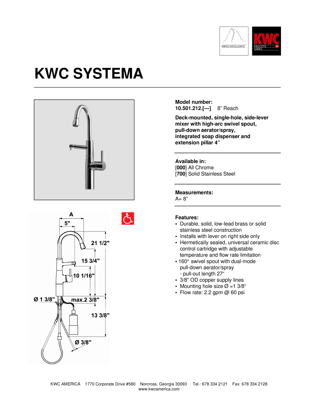 KWC 10.501.212 manual KWC Systema, Measurements Features 