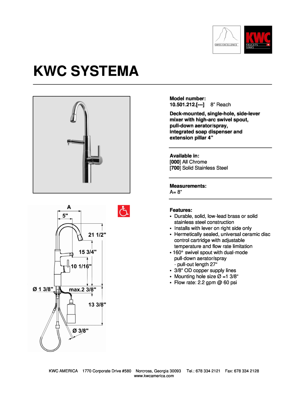 KWC manual Kwc Systema, Model number 10.501.212.--- 8” Reach, Available in, Measurements, Features 