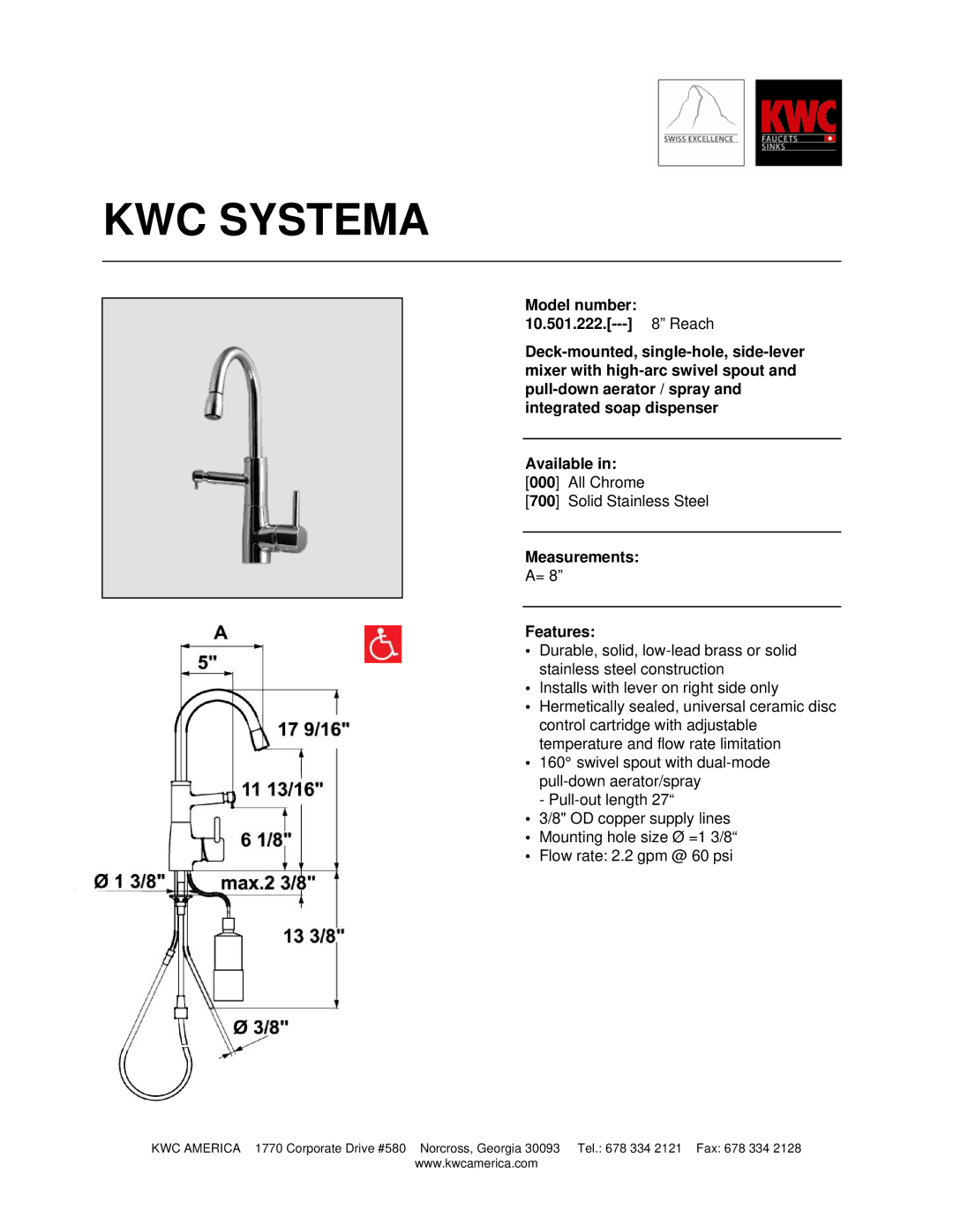 KWC 10.501.222 manual KWC Systema, Measurements Features 