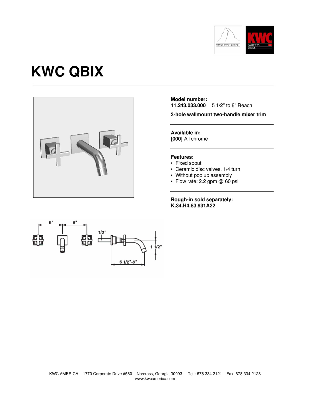 KWC 11.243.033.000 manual KWC Qbix, Model number, Hole wallmount two-handle mixer trim Available, Features 