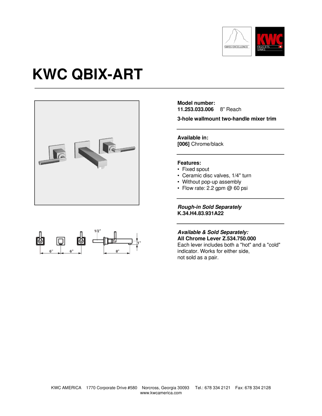 KWC 11.253.033.006 manual Kwc Qbix-Art, Rough-in Sold Separately, Available & Sold Separately 