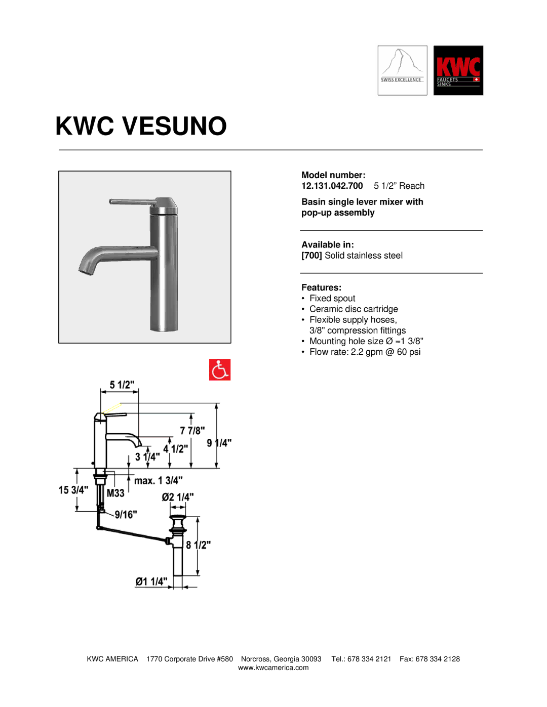 KWC 12.131.042.700 manual KWC Vesuno, Features 