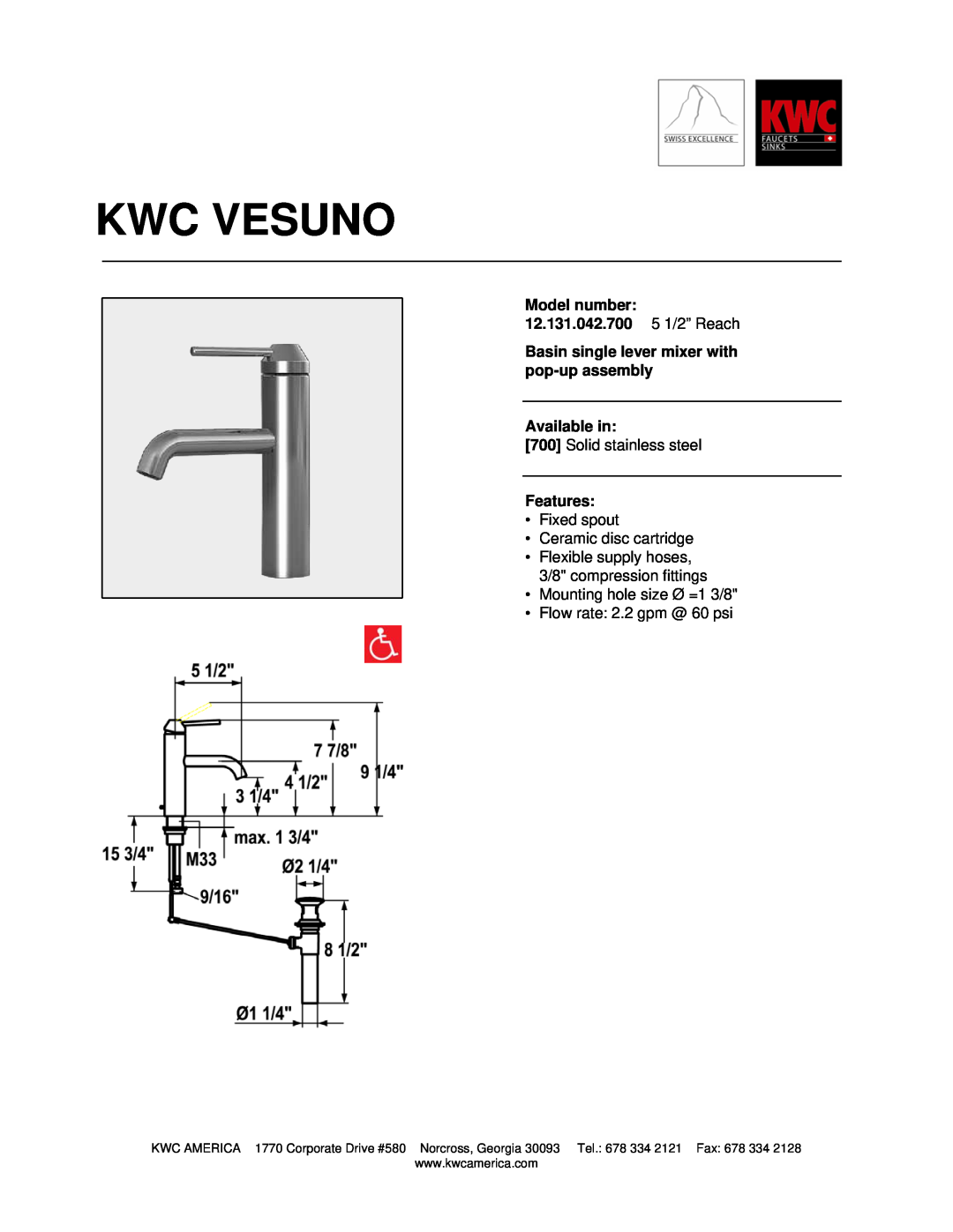 KWC manual Kwc Vesuno, Model number 12.131.042.700 5 1/2” Reach, Basin single lever mixer with pop-upassembly, Features 