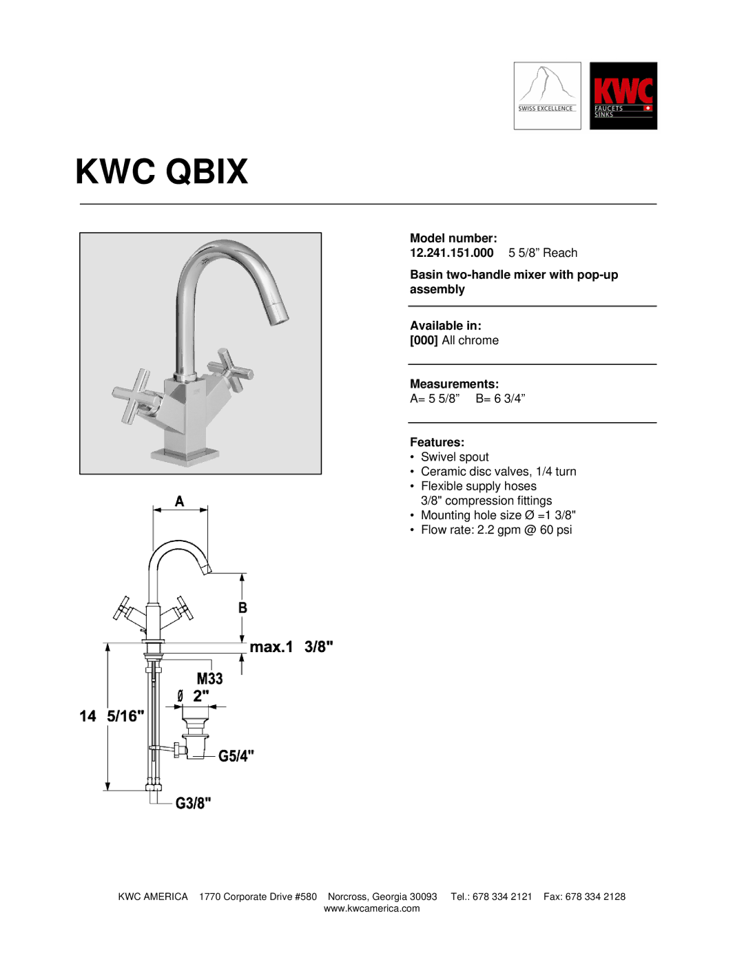 KWC 12.241.151.000 manual KWC Qbix, Measurements, Features 