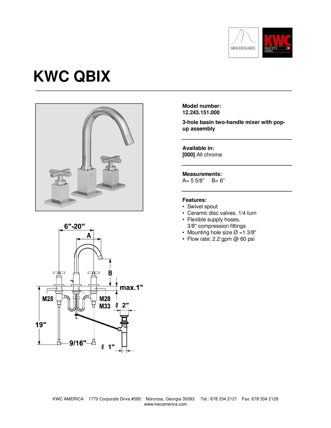 KWC 12.243.151.000 manual KWC Qbix, Measurements, Features 