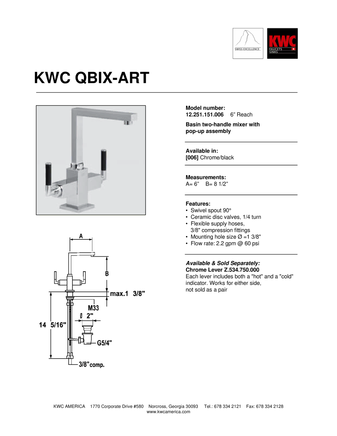 KWC 12.251.151.006 manual Kwc Qbix-Art, Measurements, Features, Available & Sold Separately, Chrome Lever Z.534.750.000 