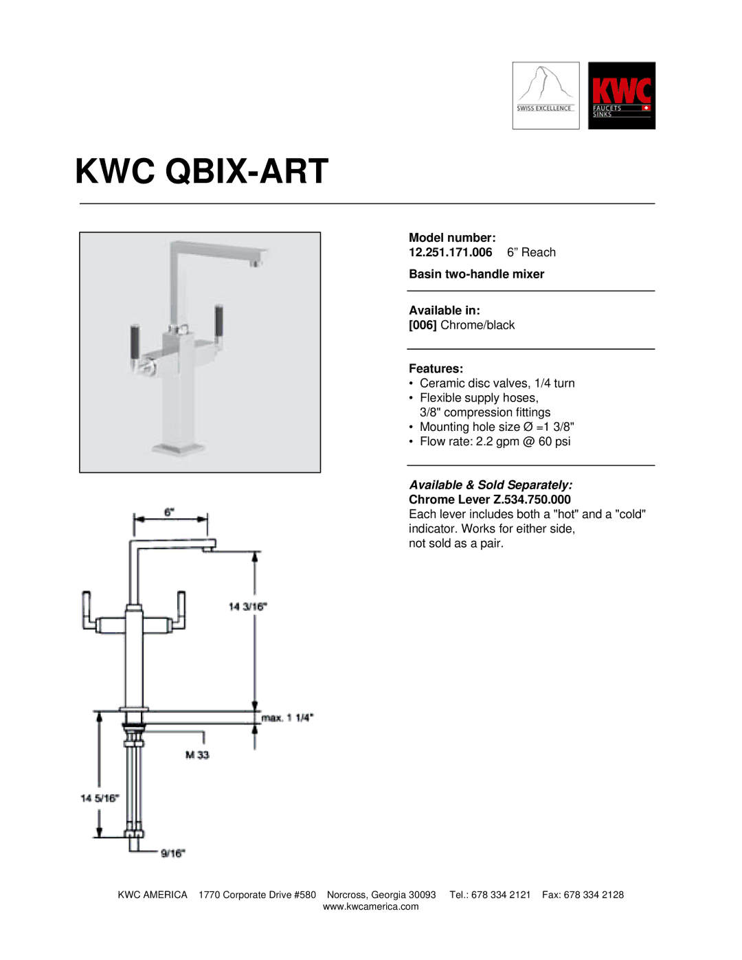 KWC 12.251.171.006 manual Kwc Qbix-Art, Features, Available & Sold Separately, Chrome Lever Z.534.750.000 