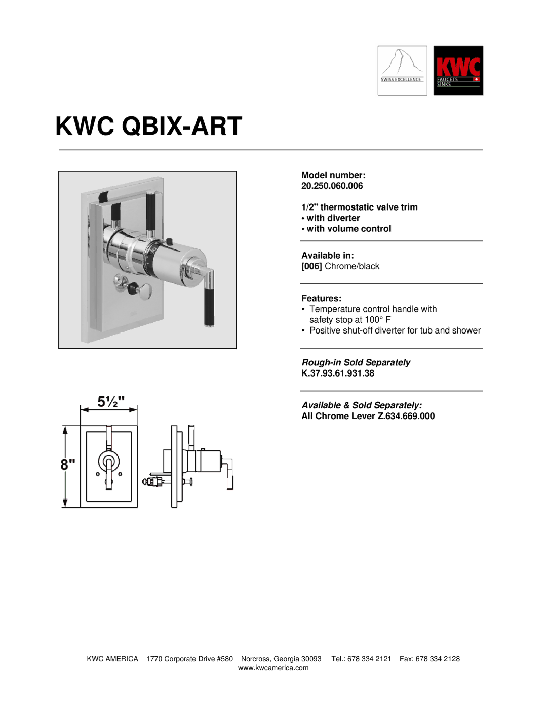 KWC 20.250.060.006 manual Kwc Qbix-Art, Rough-in Sold Separately, Available & Sold Separately 