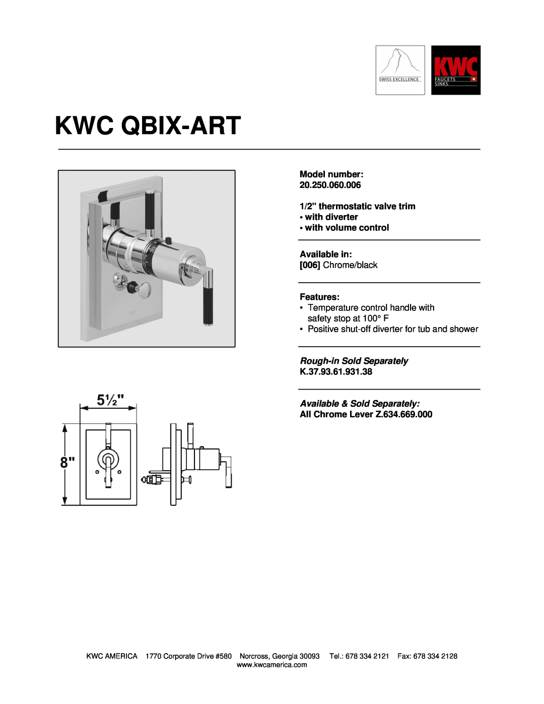 KWC 20.250.060.006 manual Kwc Qbix-Art, Model number 1/2 thermostatic valve trim, with diverter with volume control 