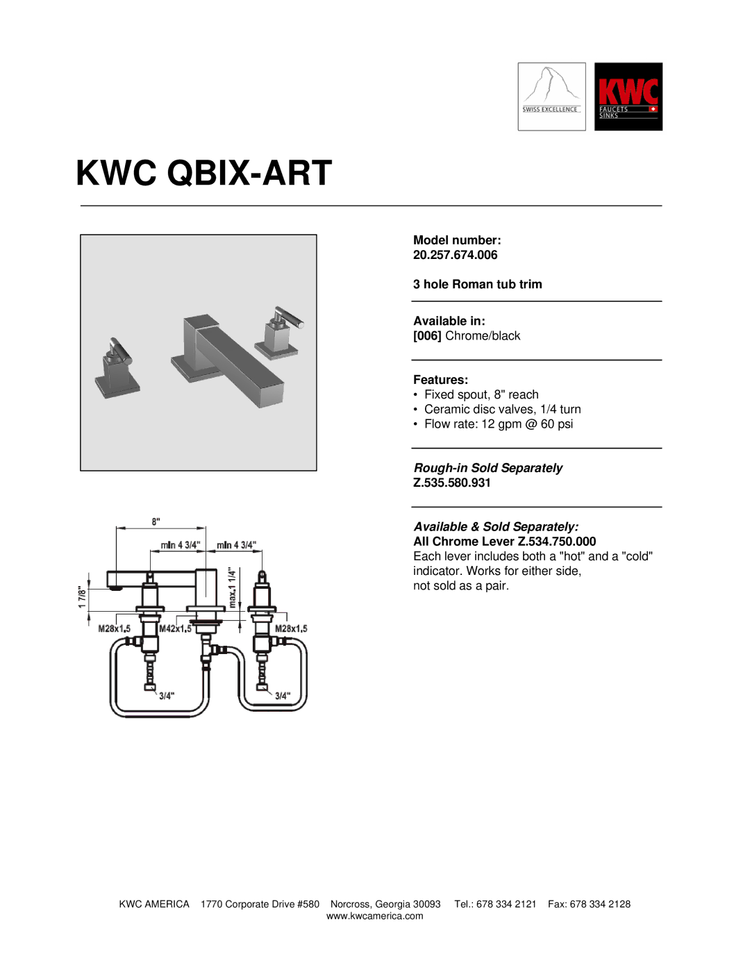 KWC 20.257.674.006 manual Kwc Qbix-Art, Rough-in Sold Separately, Available & Sold Separately 