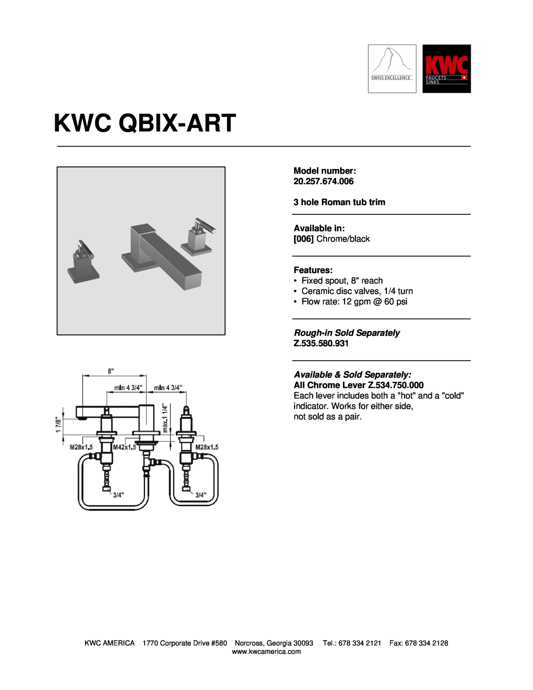 KWC 20.257.674.006 manual Kwc Qbix-Art, Model number 3 hole Roman tub trim Available in, Chrome/black, Features 