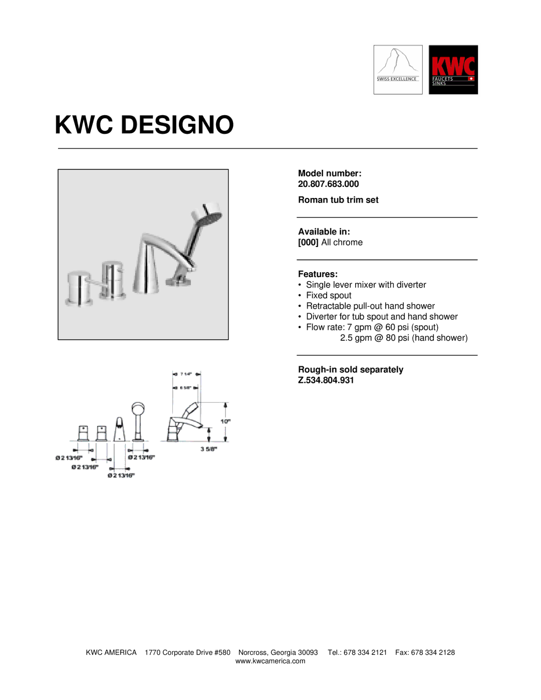 KWC 20.807.683.000 manual KWC Designo, Model number Roman tub trim set Available, Features 