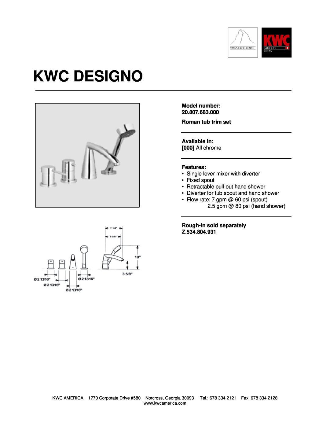 KWC 20.807.683.000 manual Kwc Designo, Model number Roman tub trim set Available in, All chrome, Features 
