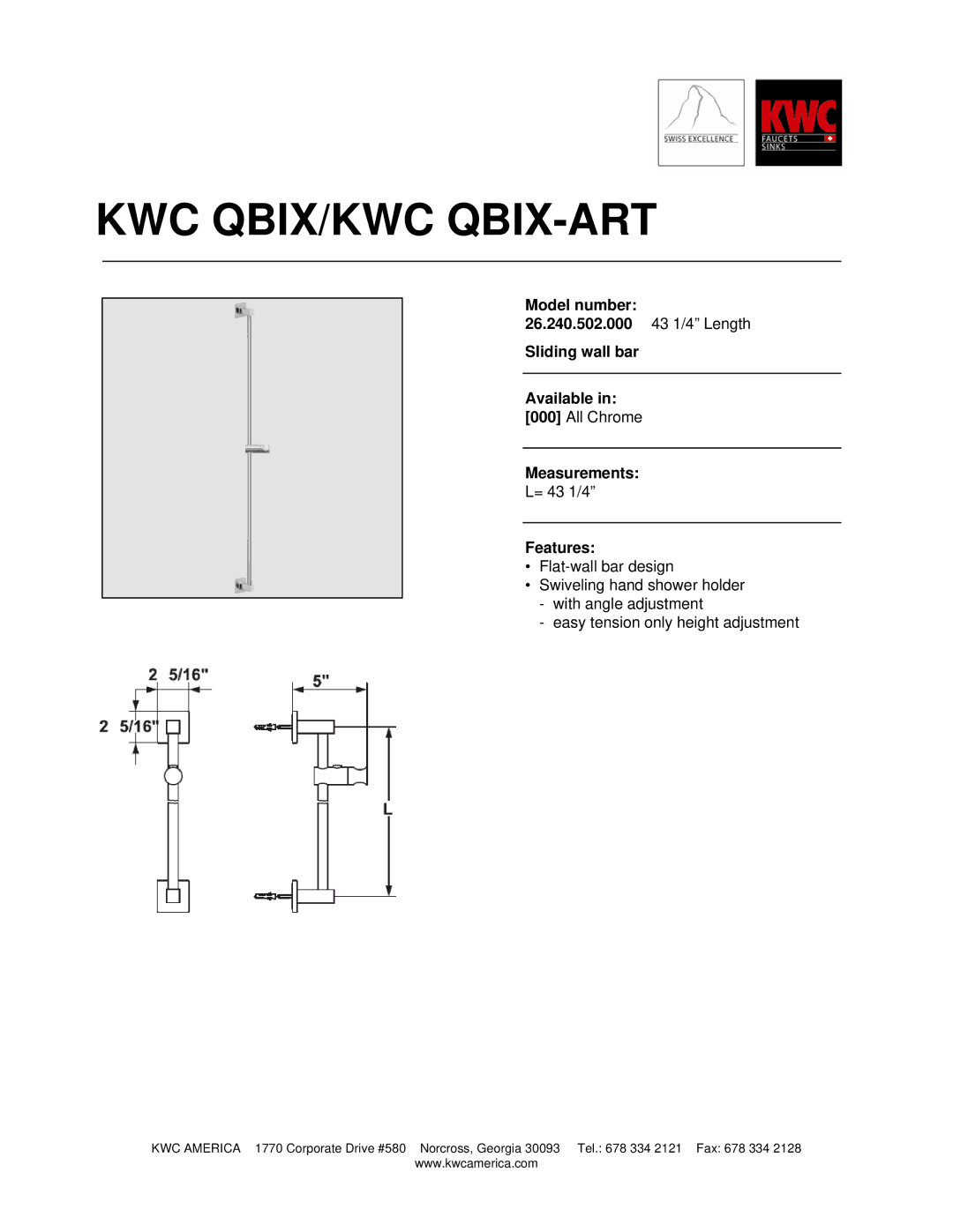 KWC 26.240.502.000 manual Kwc Qbix/Kwc Qbix-Art, Measurements, Features 