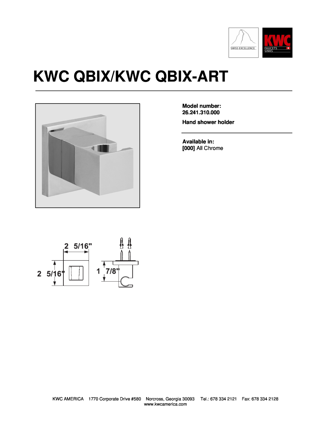 KWC 26.241.310.000 manual Kwc Qbix/Kwc Qbix-Art, Model number Hand shower holder, Available in 000 All Chrome 