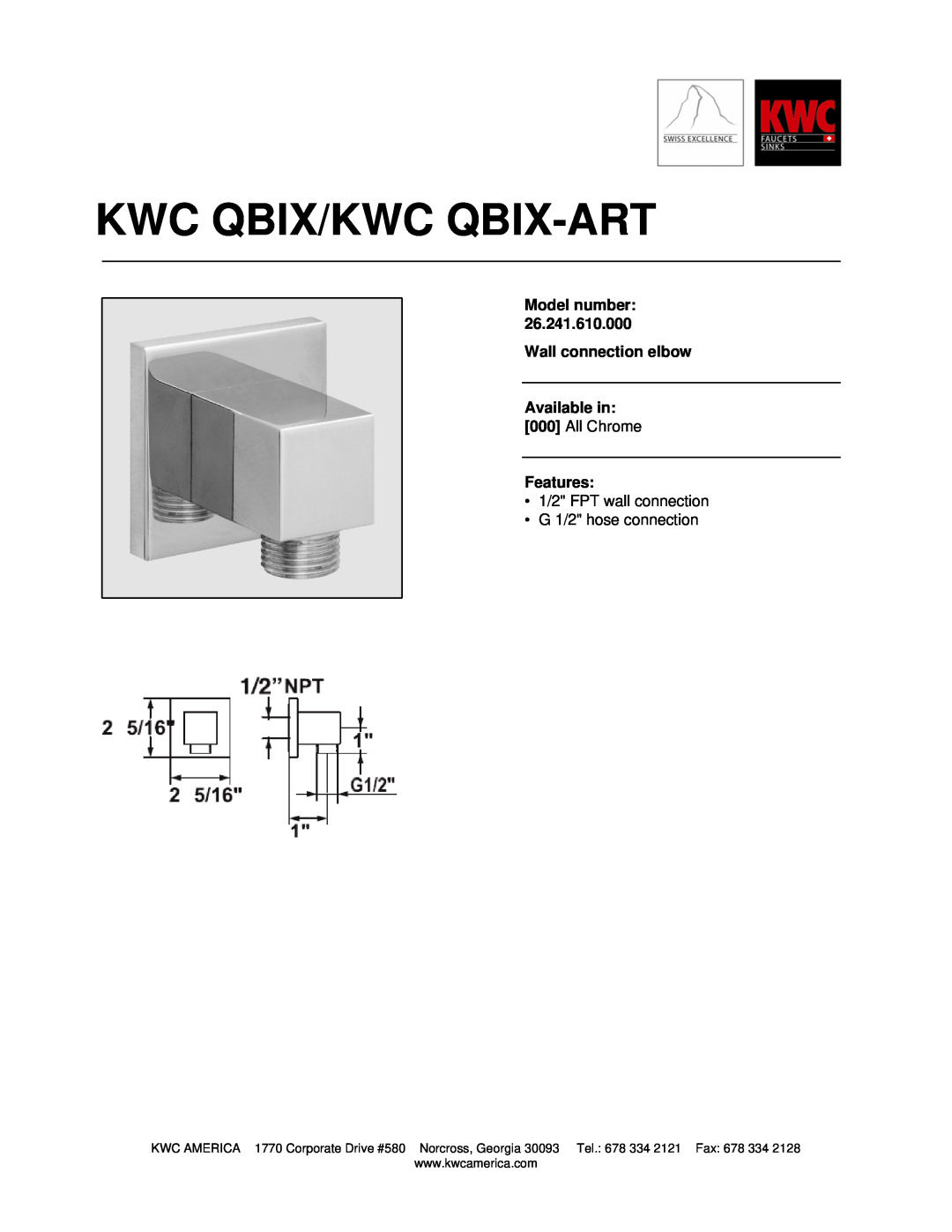 KWC 26.241.610.000 manual Kwc Qbix/Kwc Qbix-Art, Model number Wall connection elbow, Available in 000 All Chrome Features 