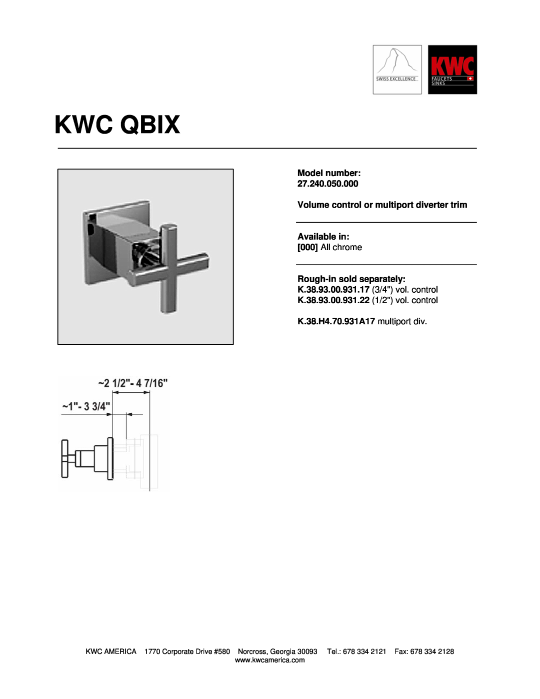 KWC 27.240.050.000 manual Kwc Qbix, Model number, Volume control or multiport diverter trim, Available in 000 All chrome 