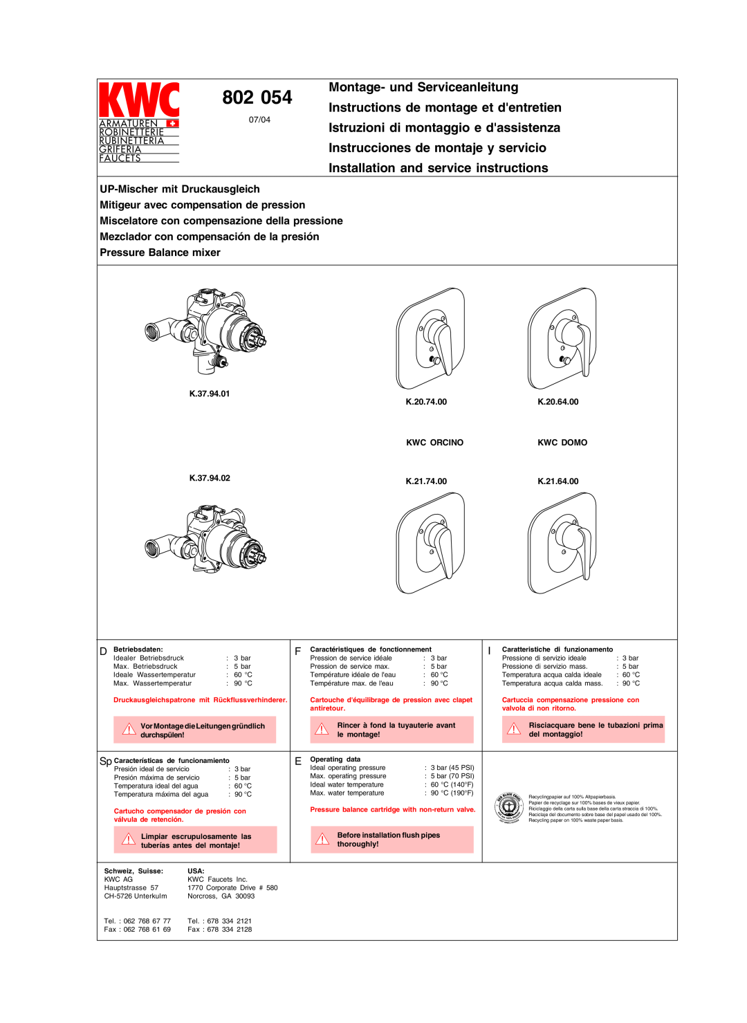 KWC 802 054 manual Montage- und Serviceanleitung, Instructions de montage et dentretien, Armaturen, Robinetterie, Griferia 