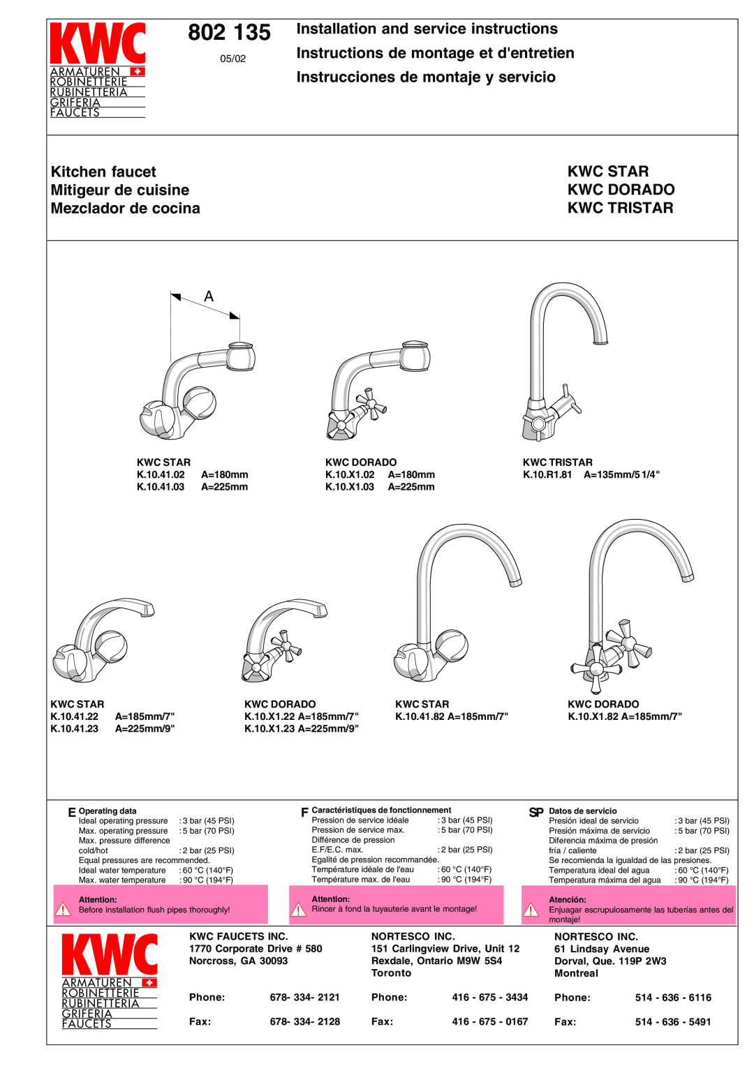 KWC 802 135 manual Installation and service instructions, Instructions de montage et dentretien, Kitchen faucet, Kwc Star 