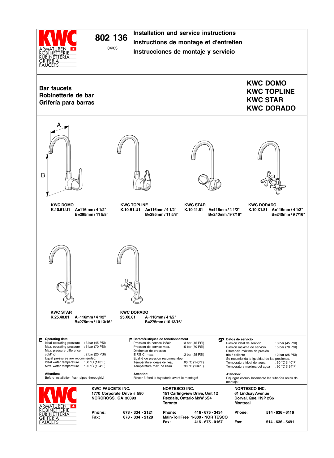 KWC 802 136 manual Kwc Domo, Kwc Topline, Kwc Star, Kwc Dorado, Installation and service instructions, Bar faucets 