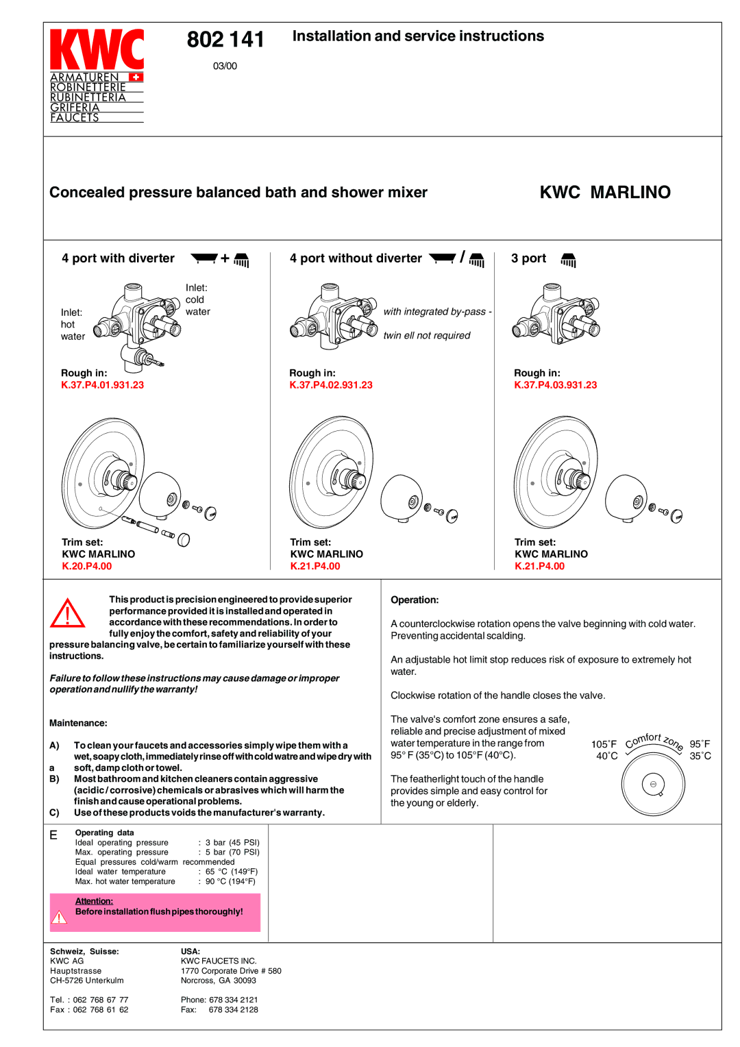 KWC 802 141 warranty Port with diverter Port without diverter, Rough, Trim set, Operation 