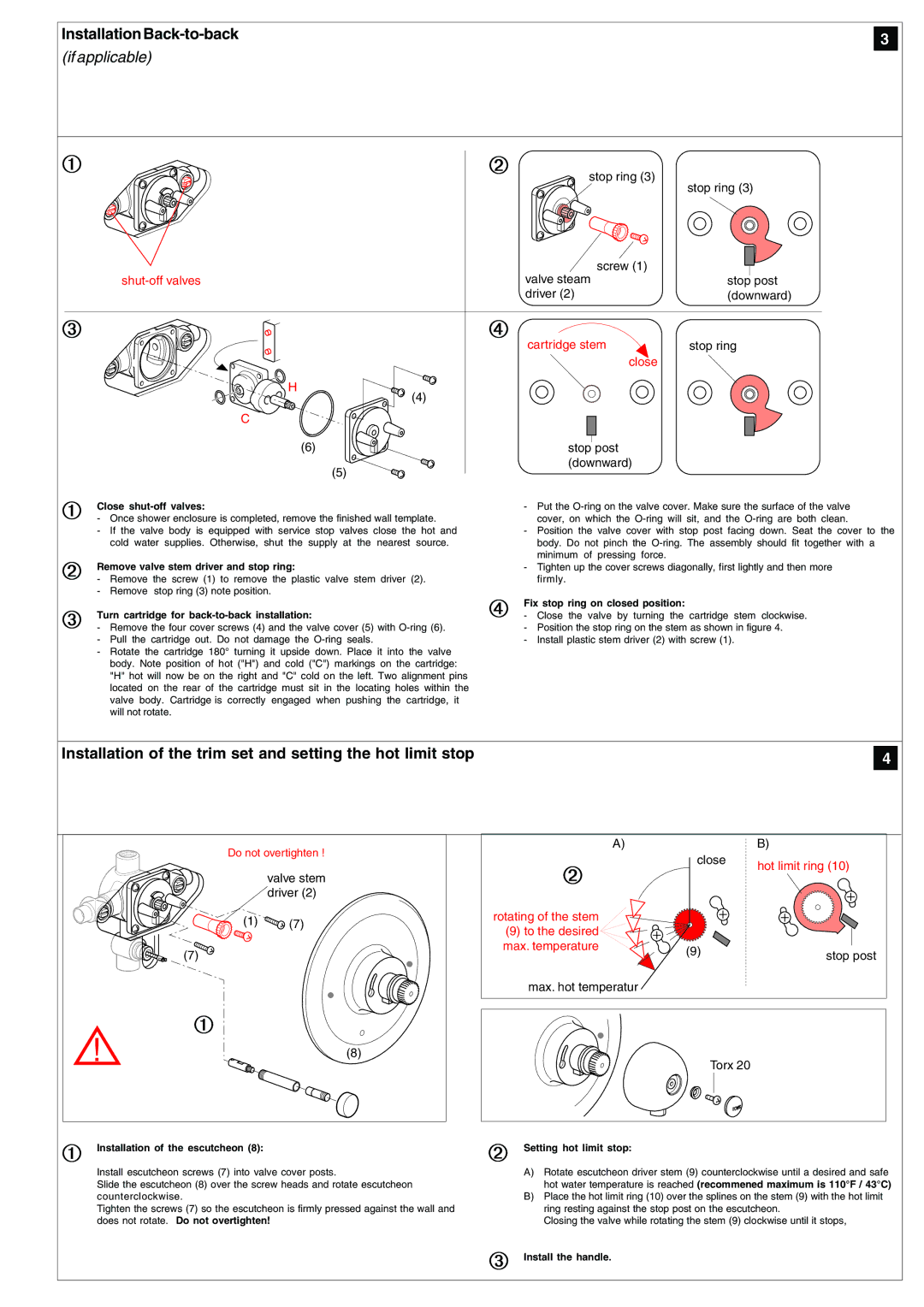 KWC 802 141 warranty Installation Back-to-back, Installation of the trim set and setting the hot limit stop 