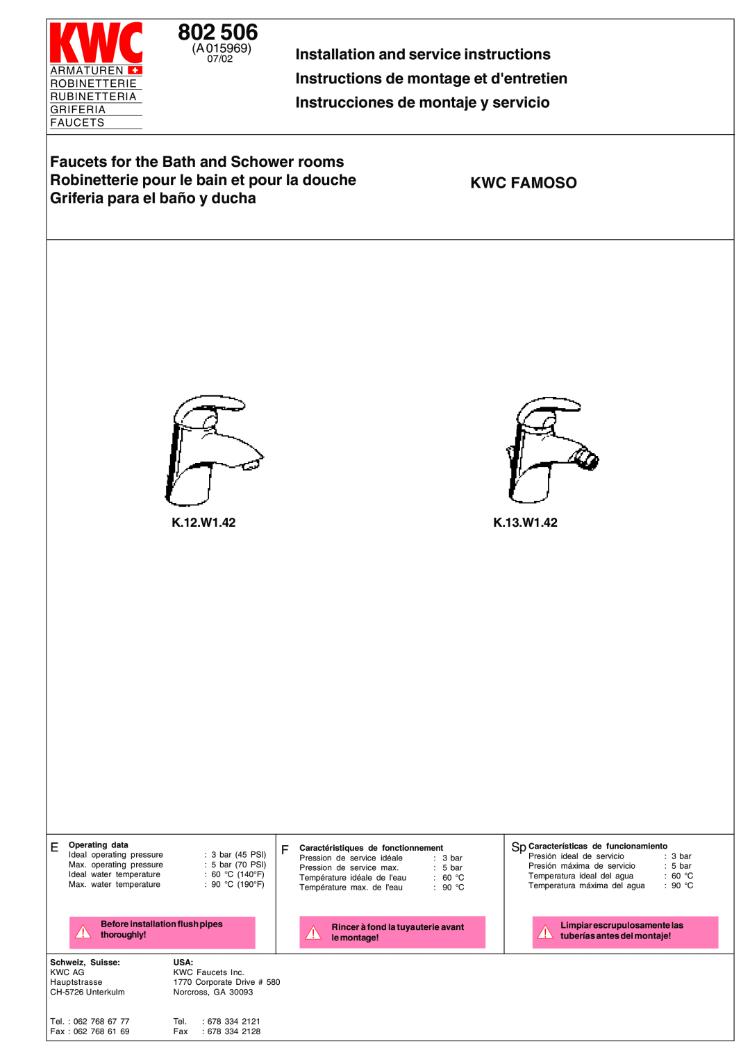 KWC 802 506 manual Installation and service instructions, Instructions de montage et dentretien, K.12.W1.42, K.13.W1.42 
