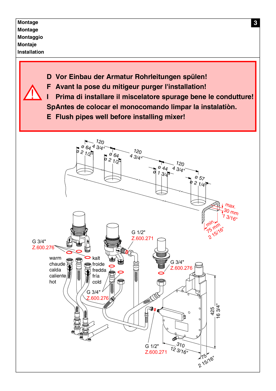 KWC 802259 manual Flush pipes well before installing mixer 