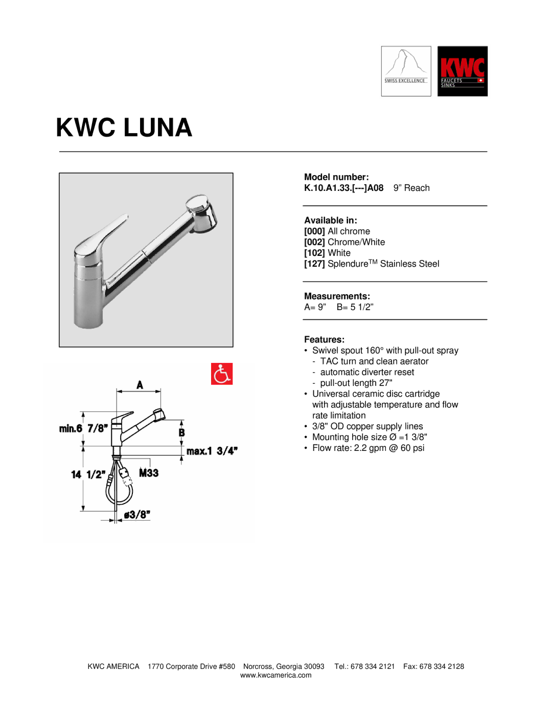 KWC K.10.A1.33 manual KWC Luna, Model number 10.A1.33.---A08 9 Reach Available, White, Measurements, Features 