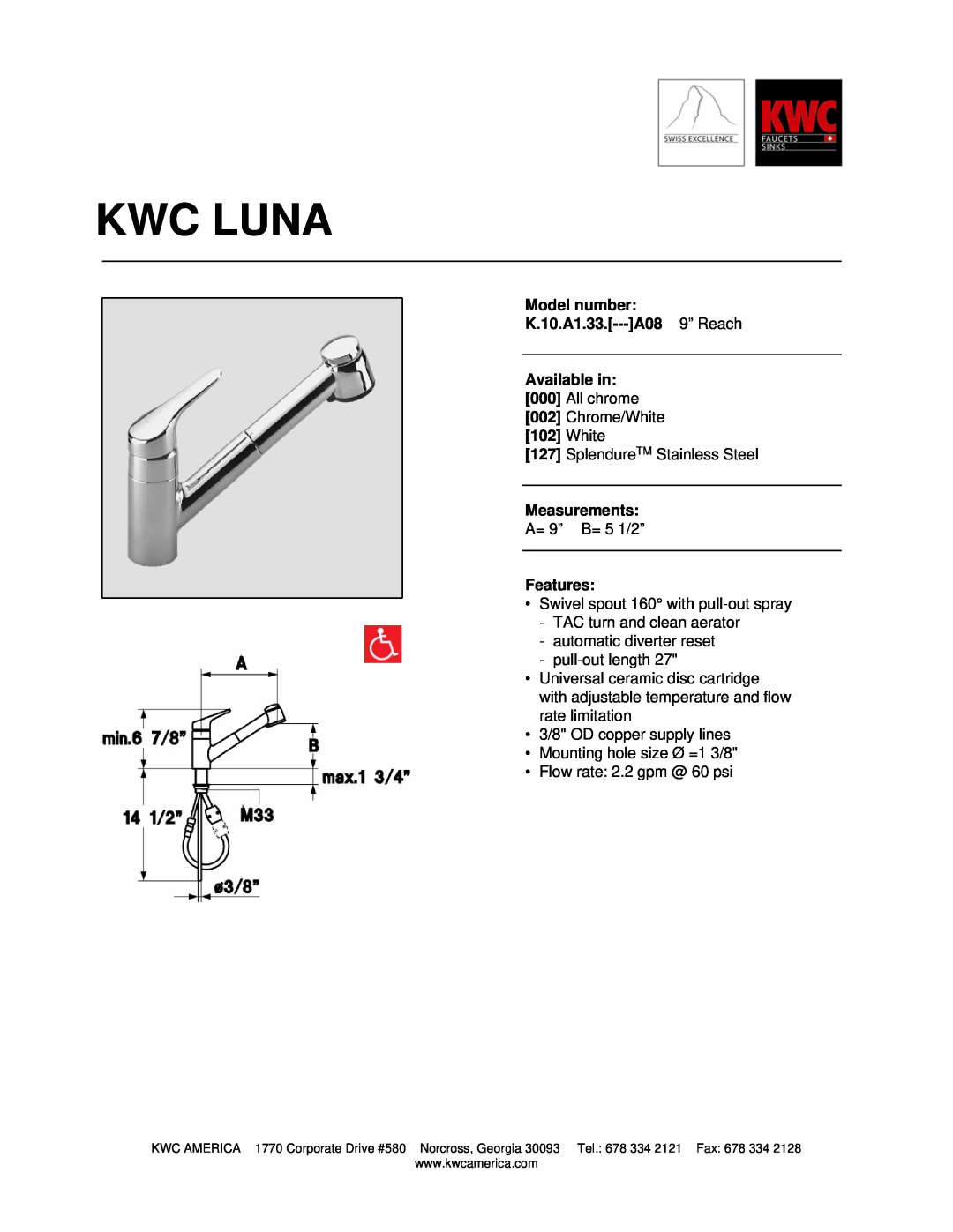 KWC manual Kwc Luna, Model number K.10.A1.33.---A08 9” Reach, Available in, White, Measurements, Features 