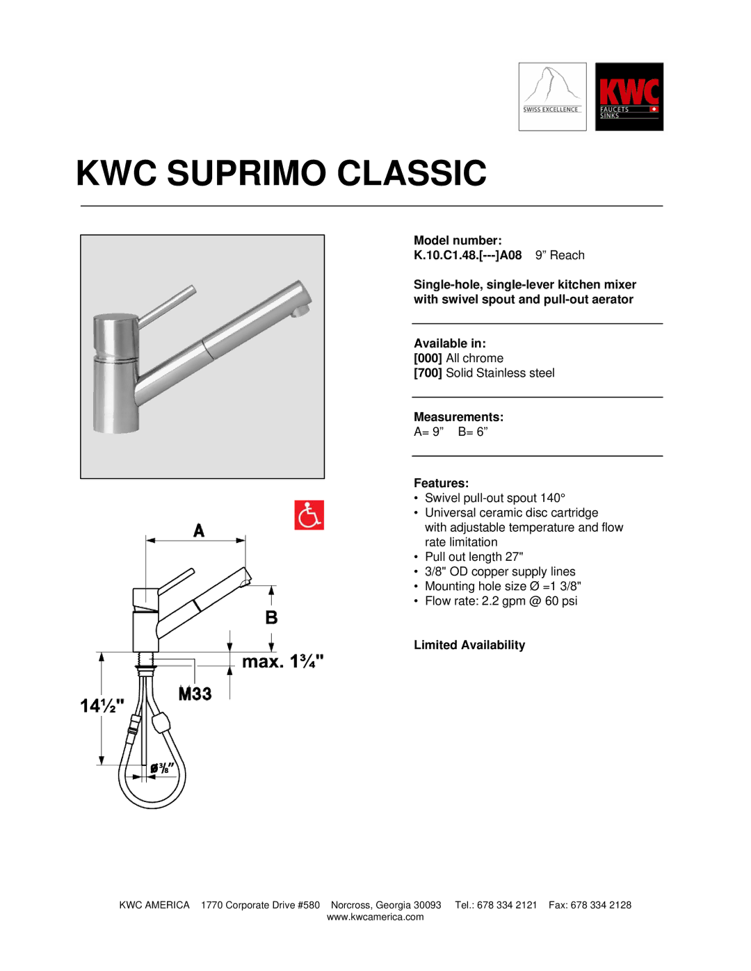 KWC K.10.C1.48 manual KWC Suprimo Classic, Measurements, Features, Limited Availability 