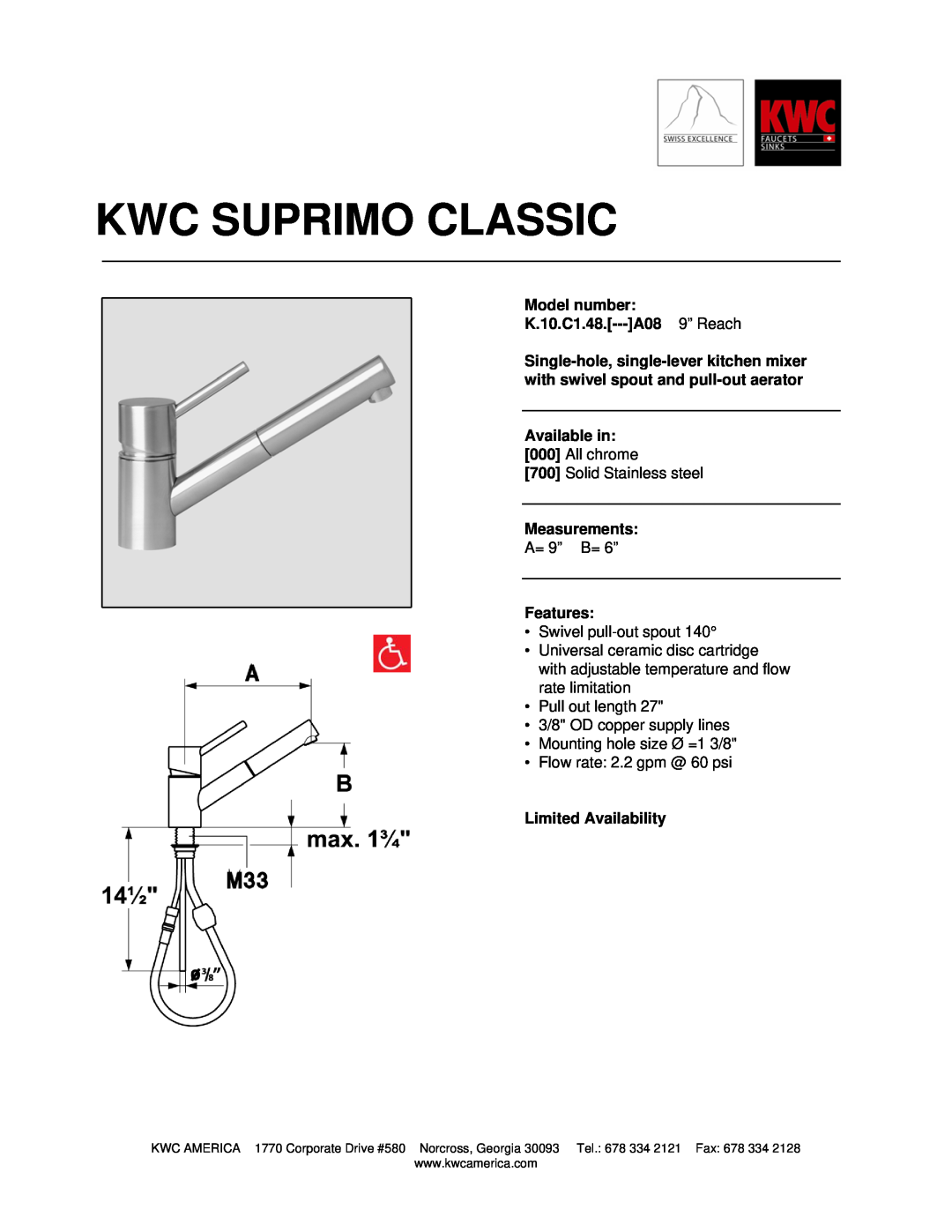 KWC manual Kwc Suprimo Classic, Model number K.10.C1.48.---A08 9” Reach, Available in, Measurements, Features 