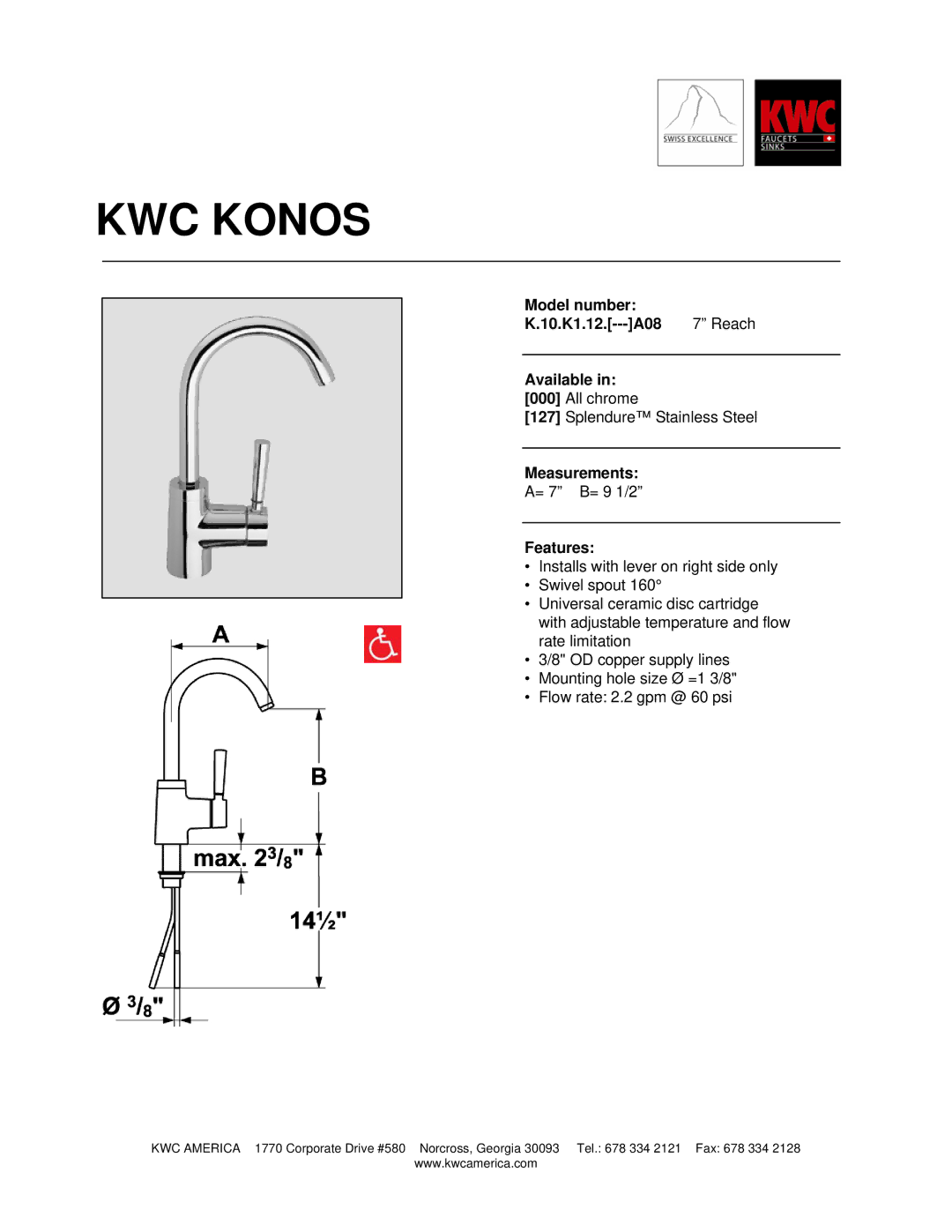 KWC K.10.K1.12 manual KWC Konos, Model number 10.K1.12.---A08 Reach Available, Measurements, Features 