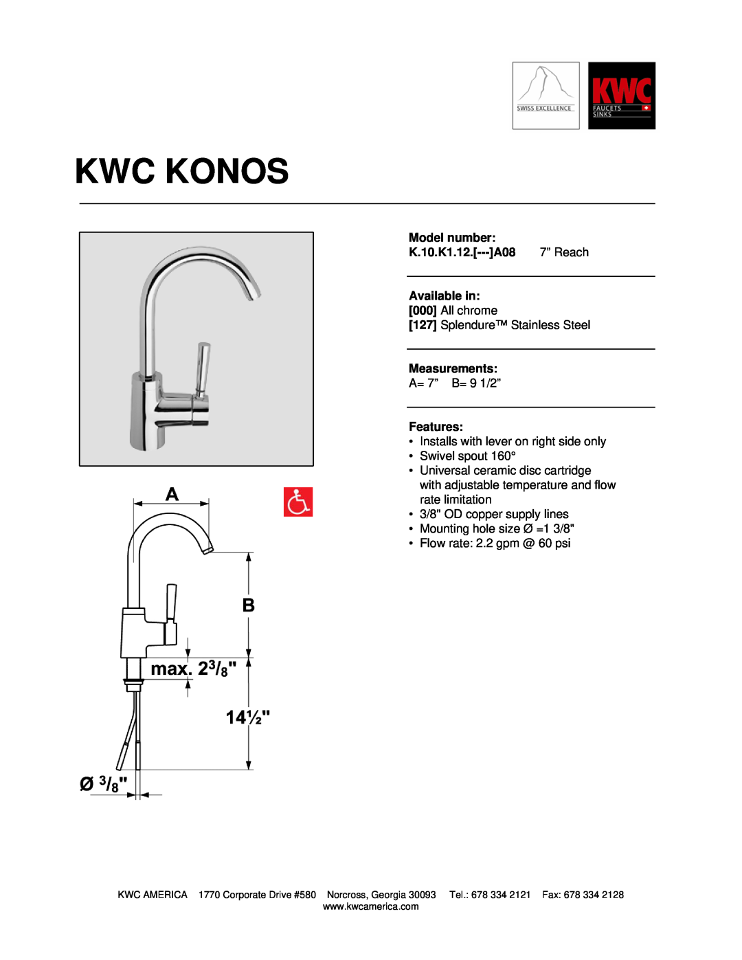 KWC manual Kwc Konos, Model number, K.10.K1.12.---A08, 7” Reach, Available in, Measurements, Features 