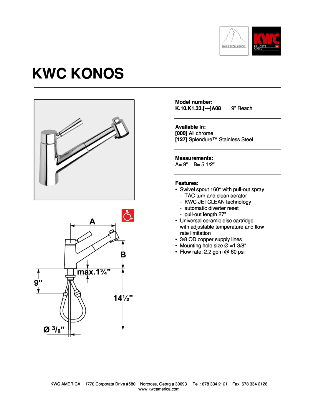 KWC manual Kwc Konos, Model number, K.10.K1.33.---A08, 9” Reach, Available in, Measurements, Features 
