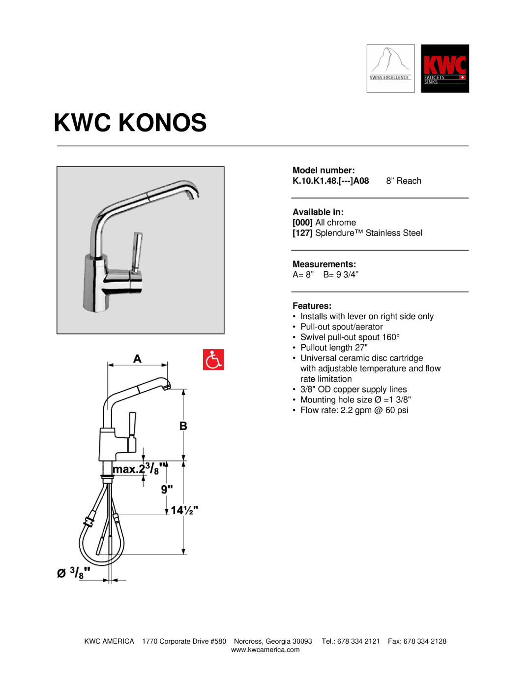 KWC K.10.K1.48 manual KWC Konos, Model number 10.K1.48.---A08 Reach Available, Measurements, Features 