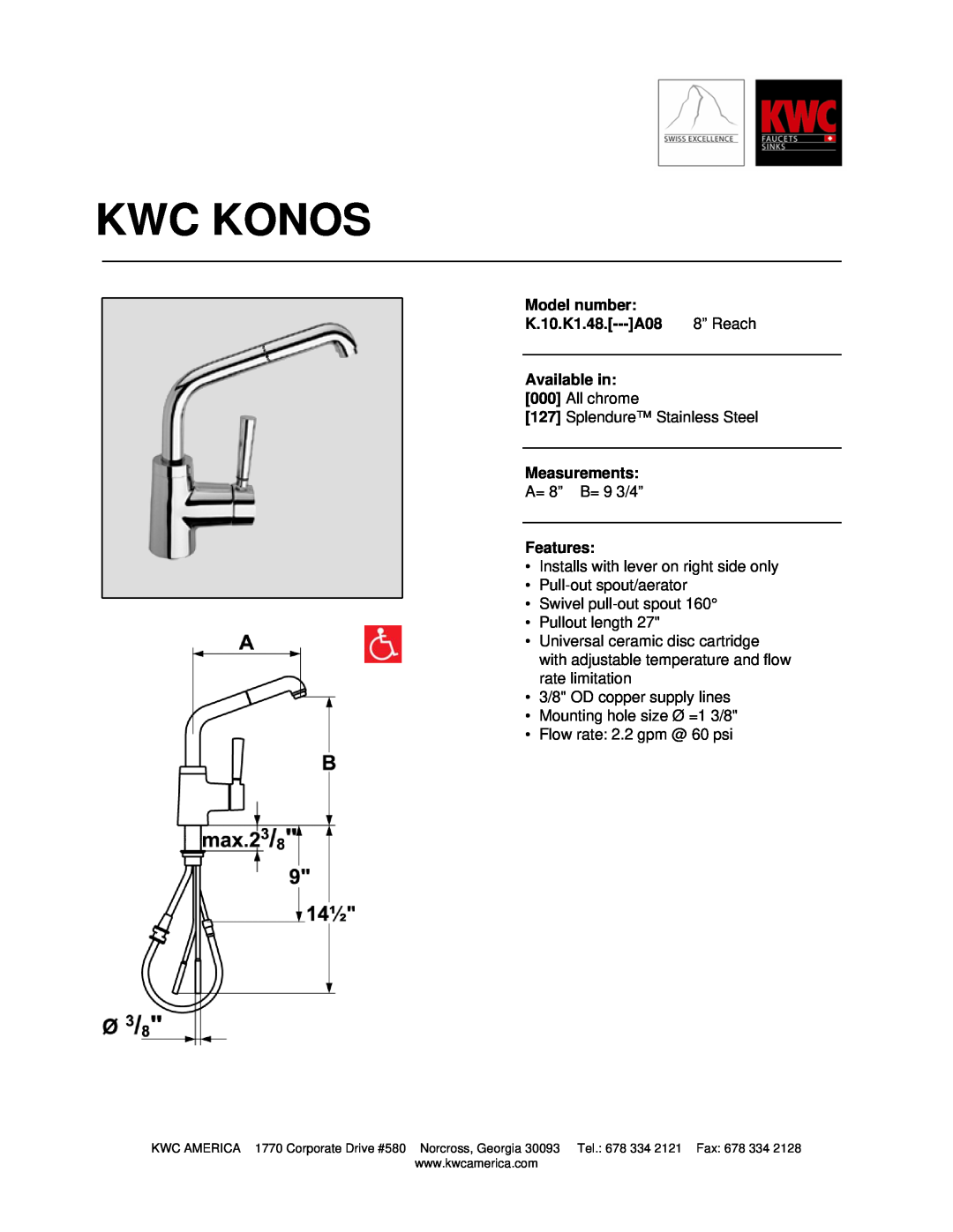 KWC manual Kwc Konos, Model number, K.10.K1.48.---A08, 8” Reach, Available in, Measurements, Features 