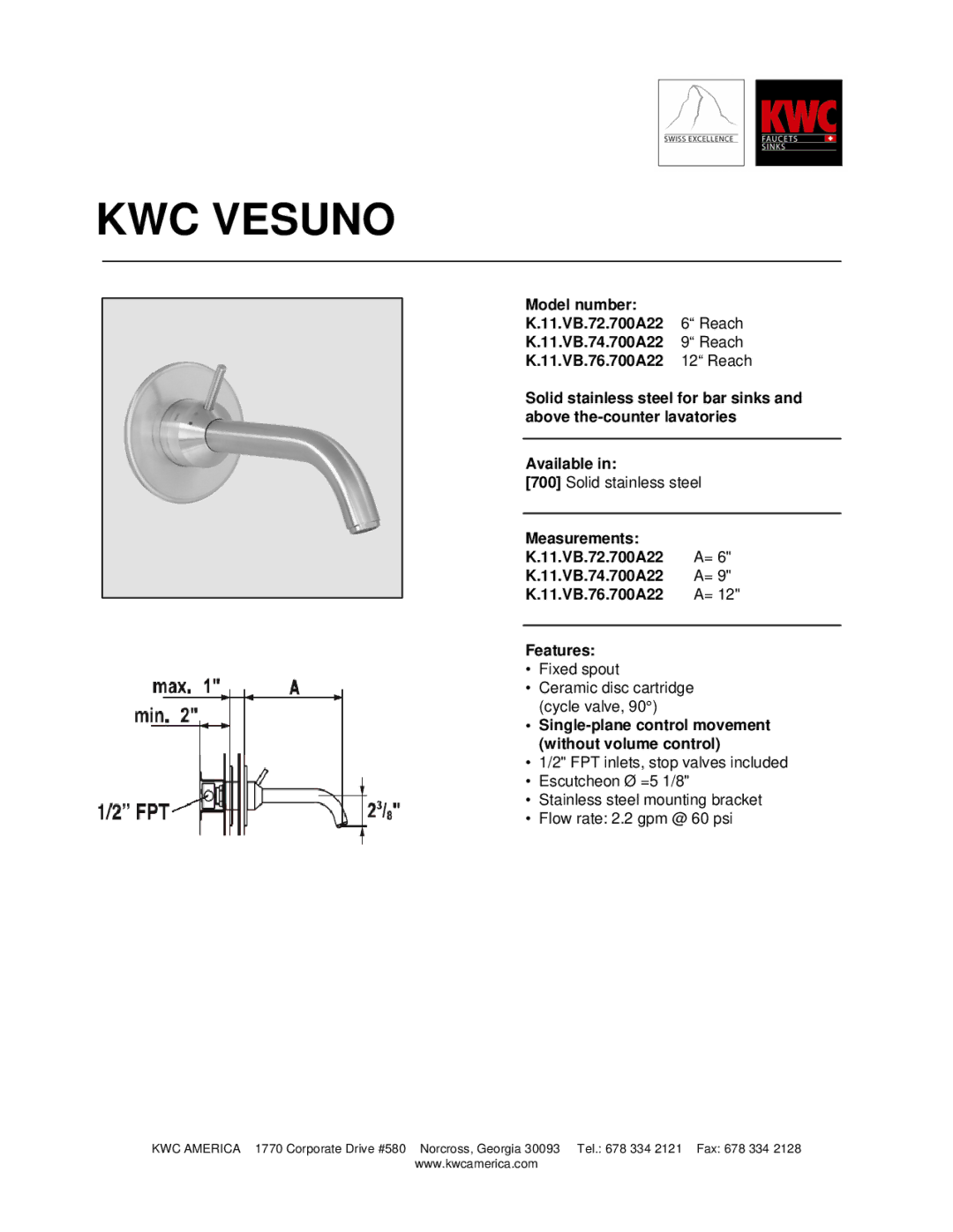 KWC K.11.VB.72.700A22 manual KWC Vesuno, Single-plane control movement, Without volume control 