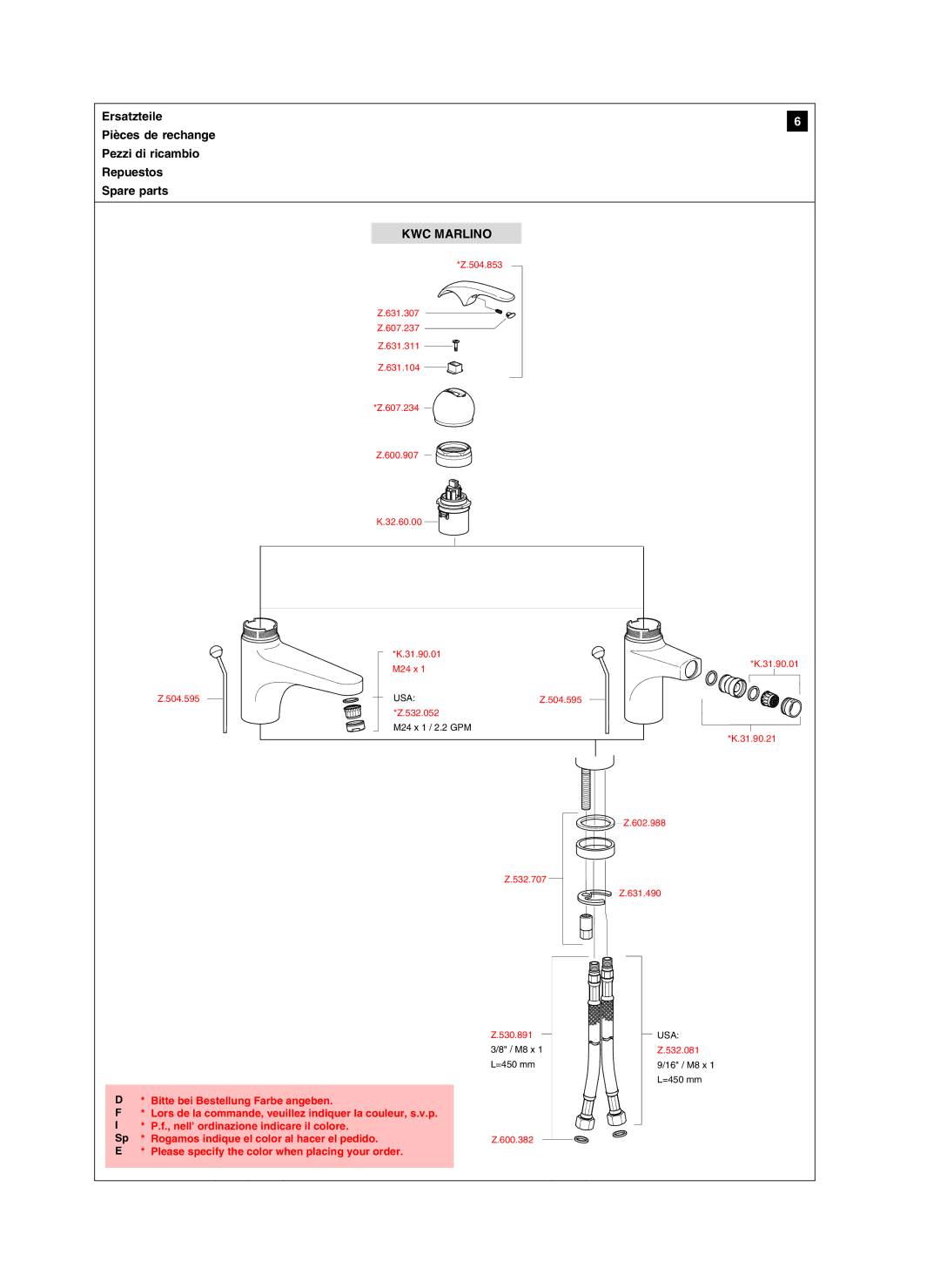 KWC K.12.21.42, 168 manual Please specify the color when placing your order 