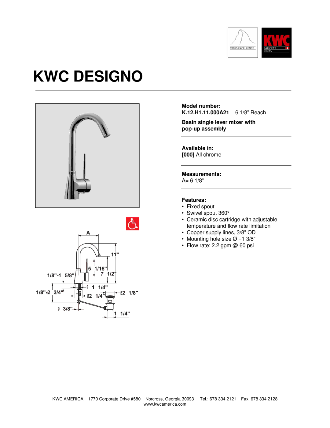 KWC K.12.H1.11.000 manual KWC Designo, Measurements, Features 