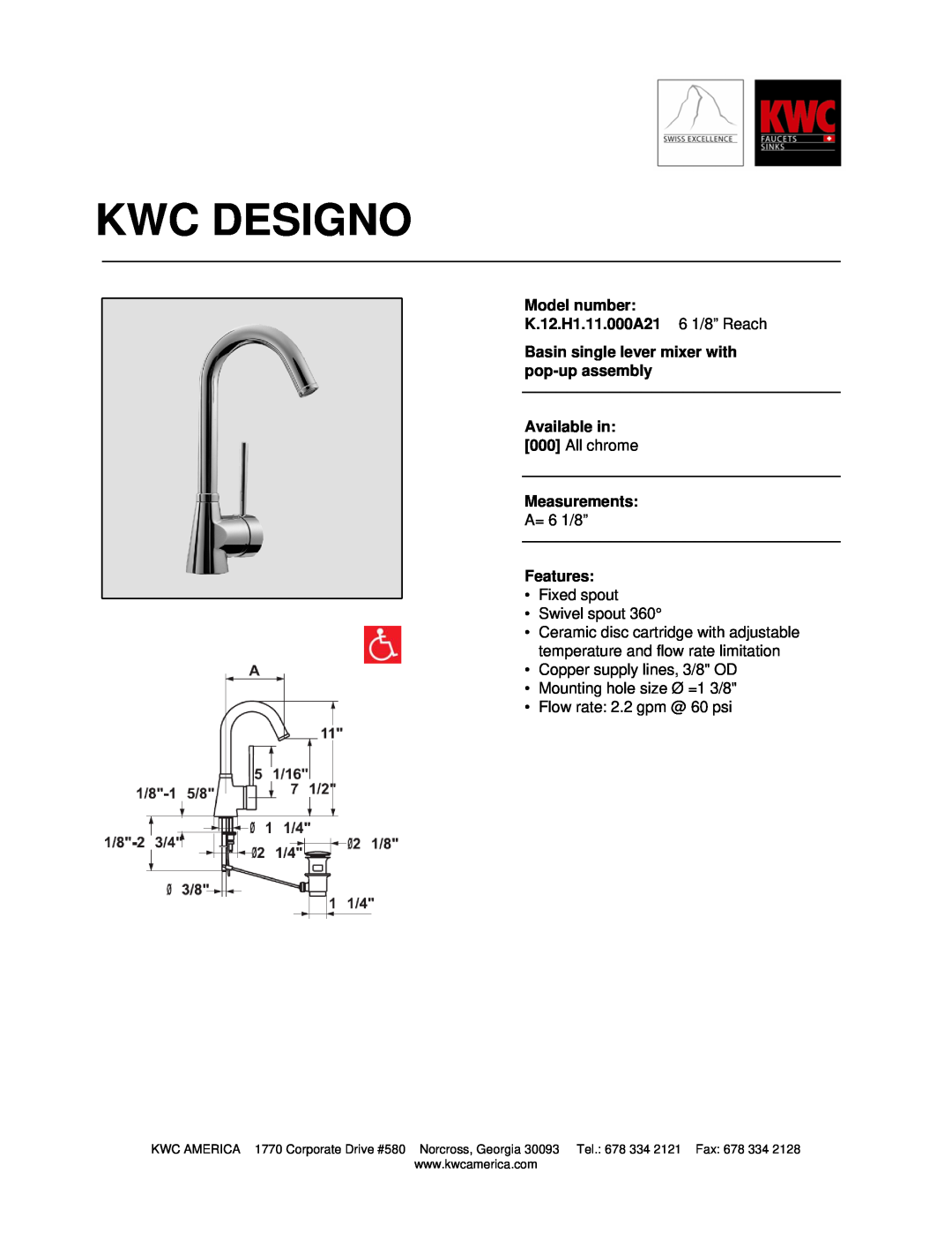 KWC manual Kwc Designo, Model number K.12.H1.11.000A21 6 1/8” Reach, Basin single lever mixer with pop-upassembly 
