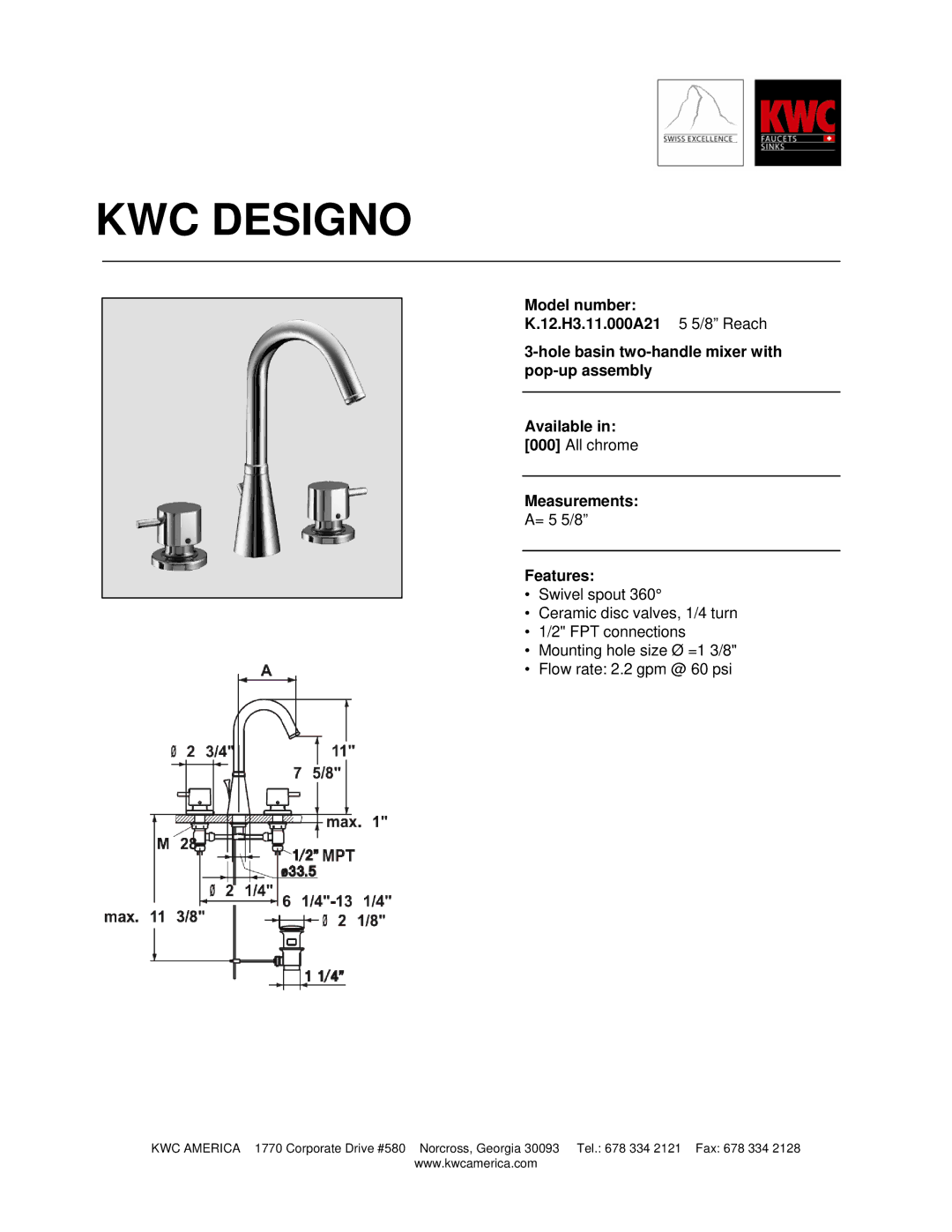 KWC K.12.H3.11.000A21 manual KWC Designo, Measurements, Features 